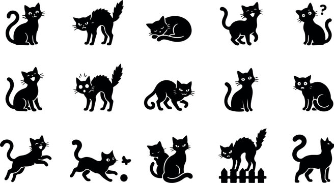 Halloween black cat silhouette bundle set collection on white background featuring various feline poses for spooky holiday graphic design