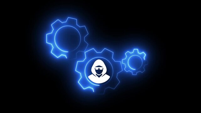 Cyber security concept with glowing neon gears and hacker animation