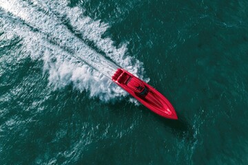 Fototapeta premium Aerial View of a Red Speedboat Cruising on Deep Blue Water.
