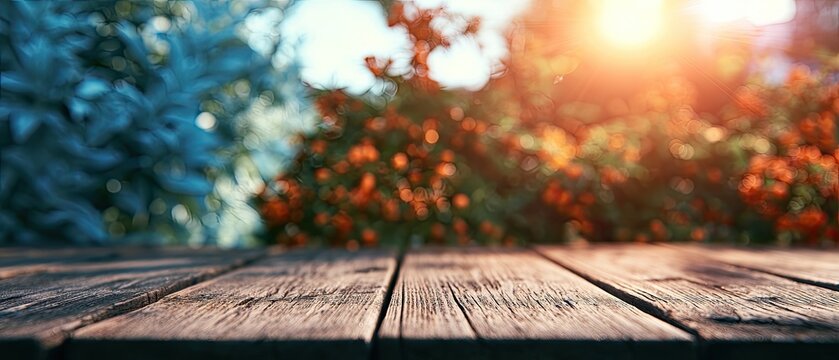 Empty Wooden Table Surface with Blurred Autumn Foliage Background and Sun Flare.