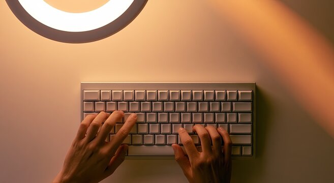 Close-up of Hands Typing on a Keyboard Under a Ring Light.