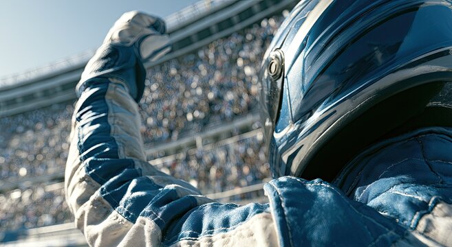 Race Car Driver Celebrates Victory in Packed Stadium.
