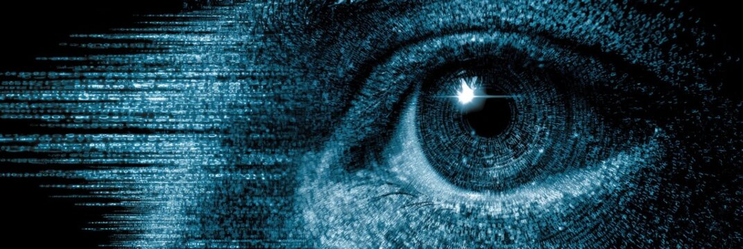 Close-up of a human eye with digital data streams flowing across it, representing technology and surveillance.