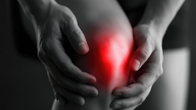 Close-up of a person holding their knee with a visible red area indicating pain.