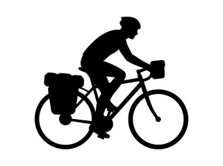 Obraz premium Black silhouette of a cyclist on a touring bike with travel bags