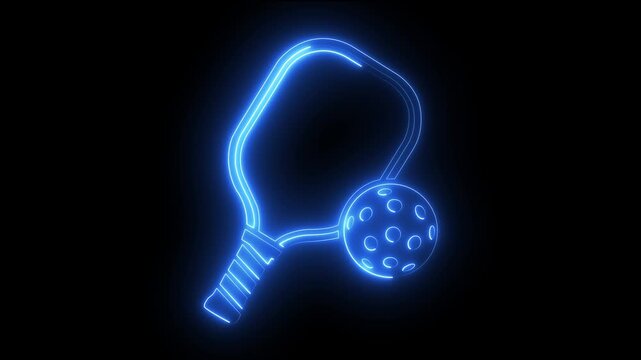 Glowing neon pickleball paddle and ball animation on black background