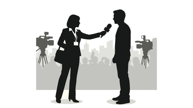 Reporter interviewing a man. Journalist holding microphone for news broadcast.