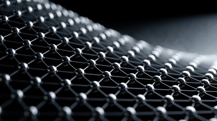 Fototapeta premium Dark molecular lattice of small shiny spheres linked by thin struts. Greyscale composition on clean white background with shallow focus. Ideal for futuristic digital visualization design.