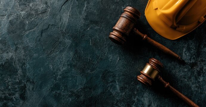 Gavel and Hard Hat on Textured Surface Representing Construction Law.