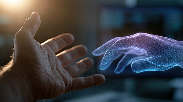 Human Hand Reaching Towards Futuristic Digital Holographic Hand.