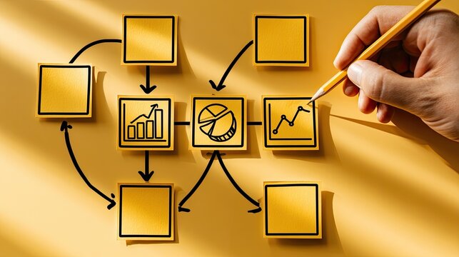 Hand Drawing Business Process Flowchart with Charts and Arrows.