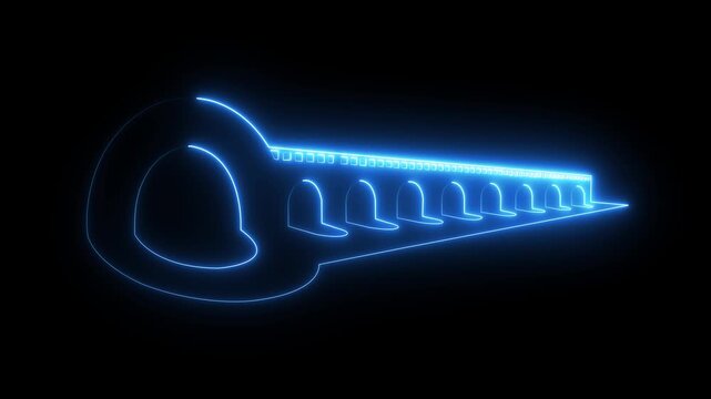 Glowing neon key outline animation on black background, digital security and access concept