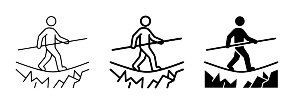 Tightrope Walker Icons, Balancing Act Symbol, Risk and Danger Vector Art