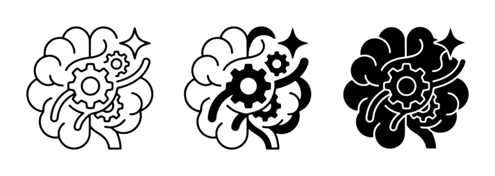 Brain Gears Icon Set, Cognitive Process Vector Art, Thinking Mechanism Symbols