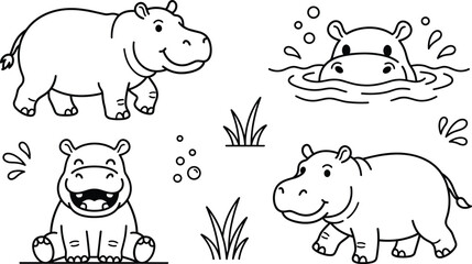 Cute baby hippo outline coloring book page vector illustration set