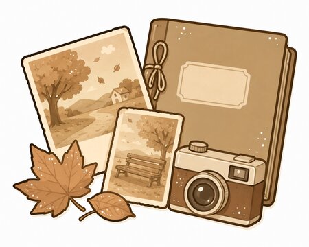 秋の思い出をテーマにした、セピア色の写真と古いアルバム、レトロなカメラのイラスト