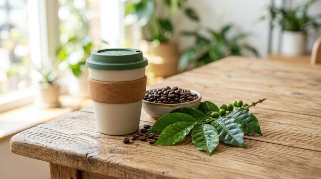 Sustainable travel mug with green lid on wooden table next to unripe coffee cherries and bowl of beans