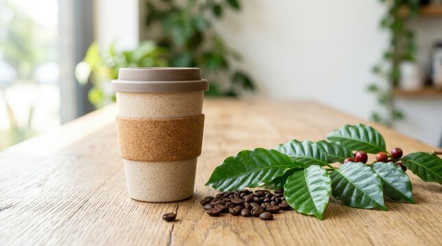 Reusable eco-friendly coffee cup with cork band next to roasted beans and fresh cherry branch