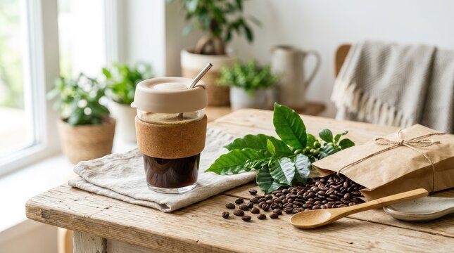 Glass reusable travel mug with metal straw next to spilled coffee beans from craft paper bag