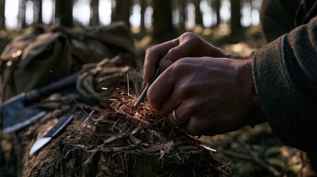 Close-up of hands striking a ferro rod to create sparks for fire starting in a forest setting.