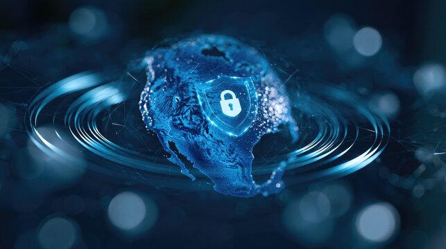 Abstract Digital Globe with Security Lock Symbol and Ripples.