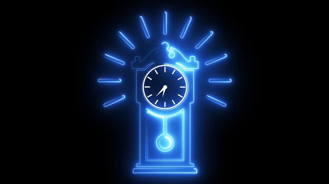 Neon grandfather clock animation glowing blue time concept motion