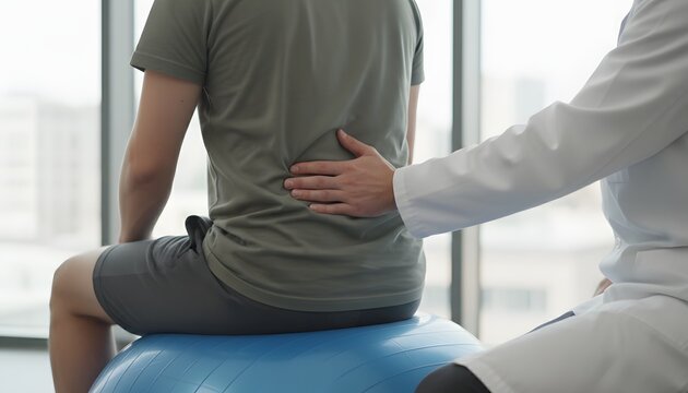A professional doctor examines a male patient sitting on a blue gym exercise ball to assess his lumbar spine health while providing physical therapy guidance for improving his posture