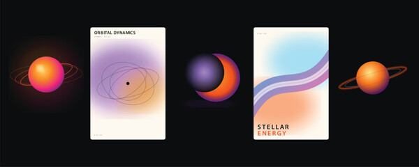 Orbital dynamics stellar energy planet rings gradient sphere poster set featuring cosmic themes, soft blurs, and abstract planetary orbits © Khadija