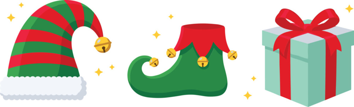 Christmas elf hat striped shoe and gift box vector icon set