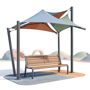 Modern park bench with sun shade sail, outdoor seating area with canopy, urban street furniture for playground and public garden