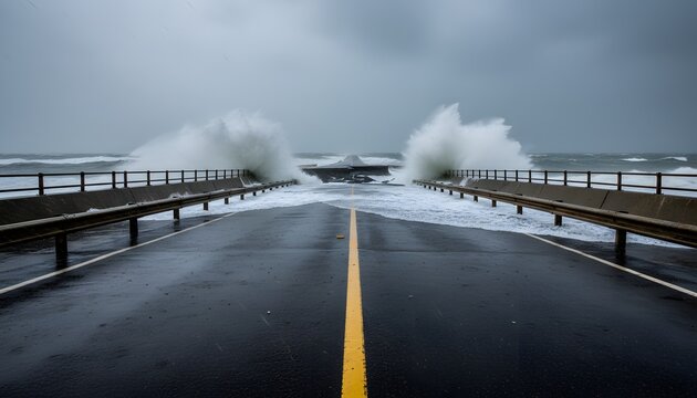 Violent ocean waves crash over the surface of a coastal highway during a severe storm event as powerful winds push seawater across the asphalt pavement during this dangerous weather emergency