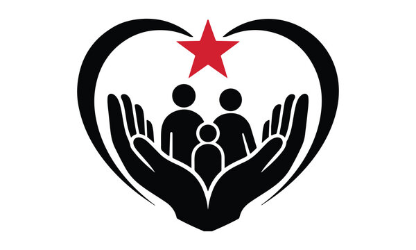 A conceptual illustration showing a family protected by cupped hands inside a heart shape with a red star