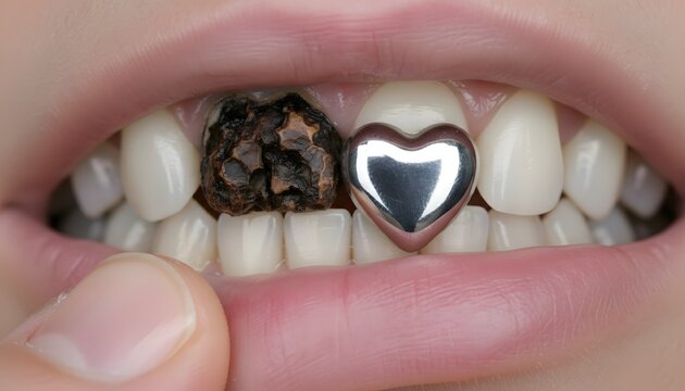 A person reveals a decaying tooth alongside a shiny metallic heart attachment on their front teeth as a unique expression of fashion through dental jewelry during an unusual lifestyle