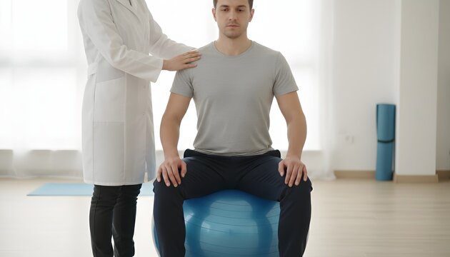 A professional medical practitioner assists a focused male patient sitting on a blue fitness ball while performing posture correction exercises to improve his spine health during