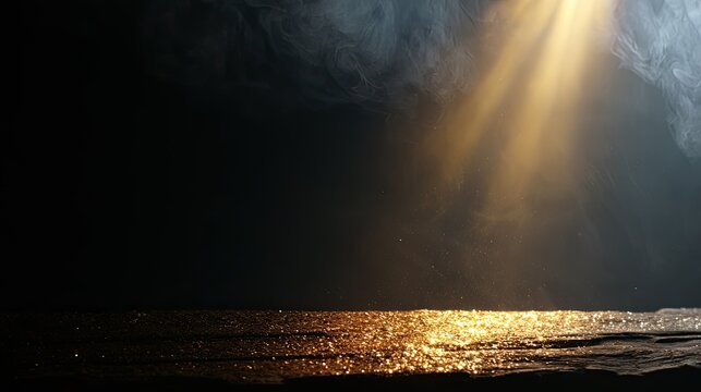Dramatic Sunbeams Pierce Through Dark Clouds Over Ocean Surface.