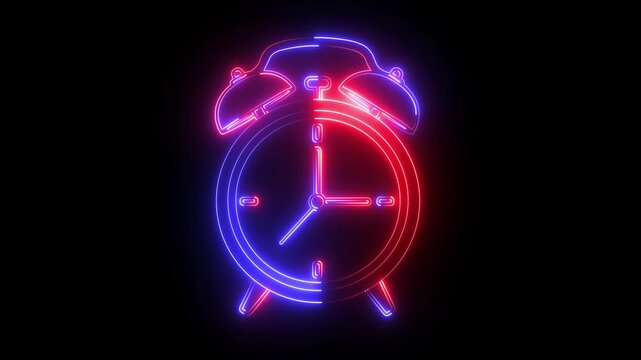 Neon alarm clock glowing with pulsing red and blue light on black background