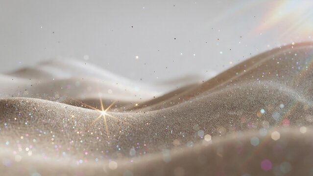 Close up of flowing beige sand waves with sparkling glitter and bright lens flare on a soft background