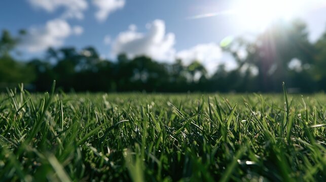 Close up view of lush green grass field under bright sunny sky with clouds.