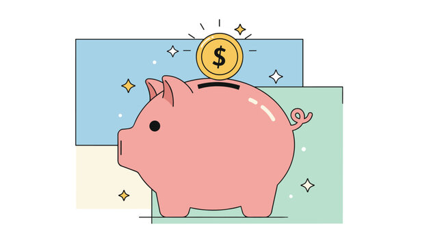Pink piggy bank with a shining golden dollar coin slipping into the coin slot to illustrate savings and investment.