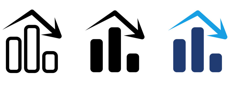 Bar chart icon with arched downward arrow. Symbol of market fluctuation, economic downturn, sales decline, financial peak and drop, performance metrics, risk, crash and failure analysis.