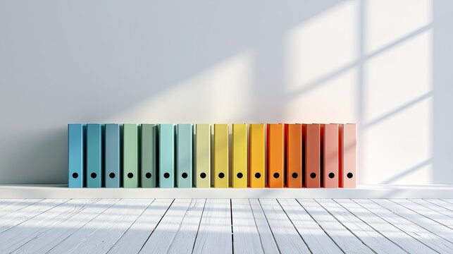 Colorful Ring Binders Lined Up Neatly on a White Surface.