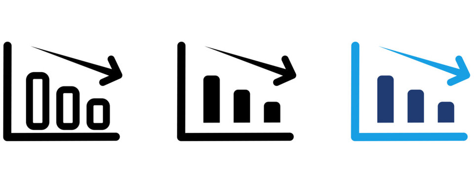 Declining bar chart icon with downward arrow. Symbol of financial loss, market drop, business crisis, economic recession, sales decline, negative metrics, decrease and failure analysis.