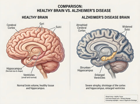 Healthy brain vs alzheimer's disease comparison illustration