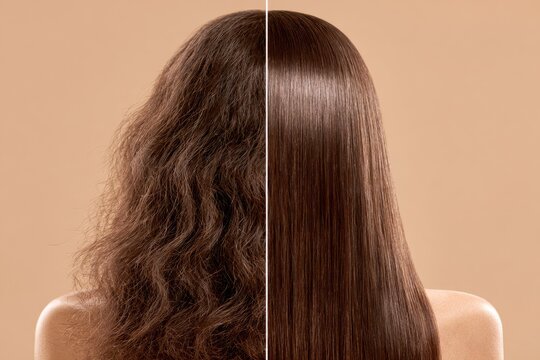 Split Image Shows Dramatic Hair Transformation from Frizzy to Smooth and Shiny.