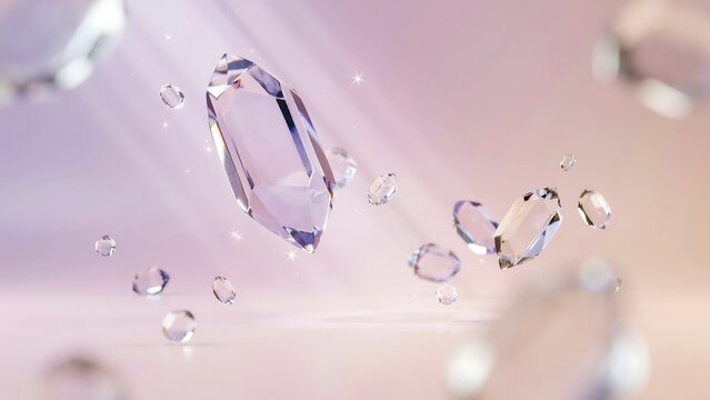 Floating translucent purple crystals with soft light rays on a pastel background