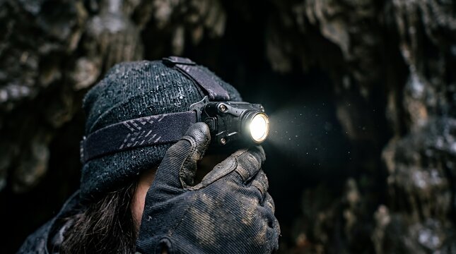 Person with bright LED headlamp exploring dark cavern