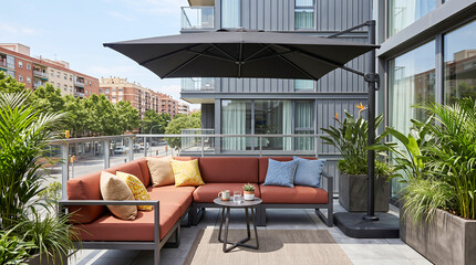 Fototapeta premium L-shaped terracotta sofa with colorful cushions on a city balcony under a large black cantilever umbrella, surrounded by potted palm plants