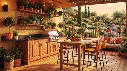 Obraz premium Outdoor kitchen with wooden cabinets, stainless steel grill, and dining table overlooking a tiered garden with cypress trees at sunset