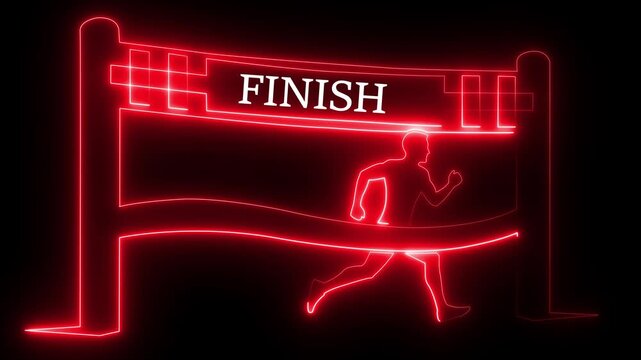 Neon red runner crossing finish line concept: success, achievement, and goal completion motion
