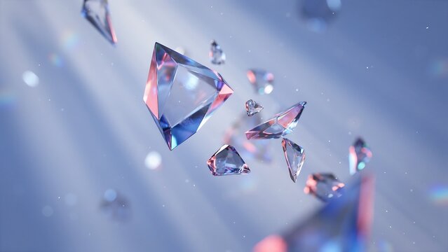 Floating triangular crystal shards with light refraction on a blue background